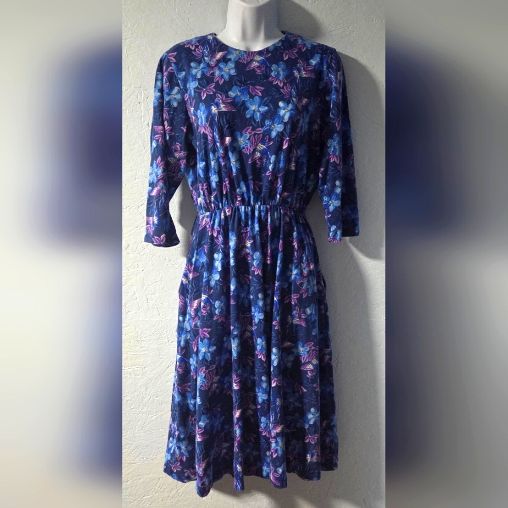 Vintage 1980s Anthony Richards 3/4-sleeve Blue Floral Knit Dress - Size 12